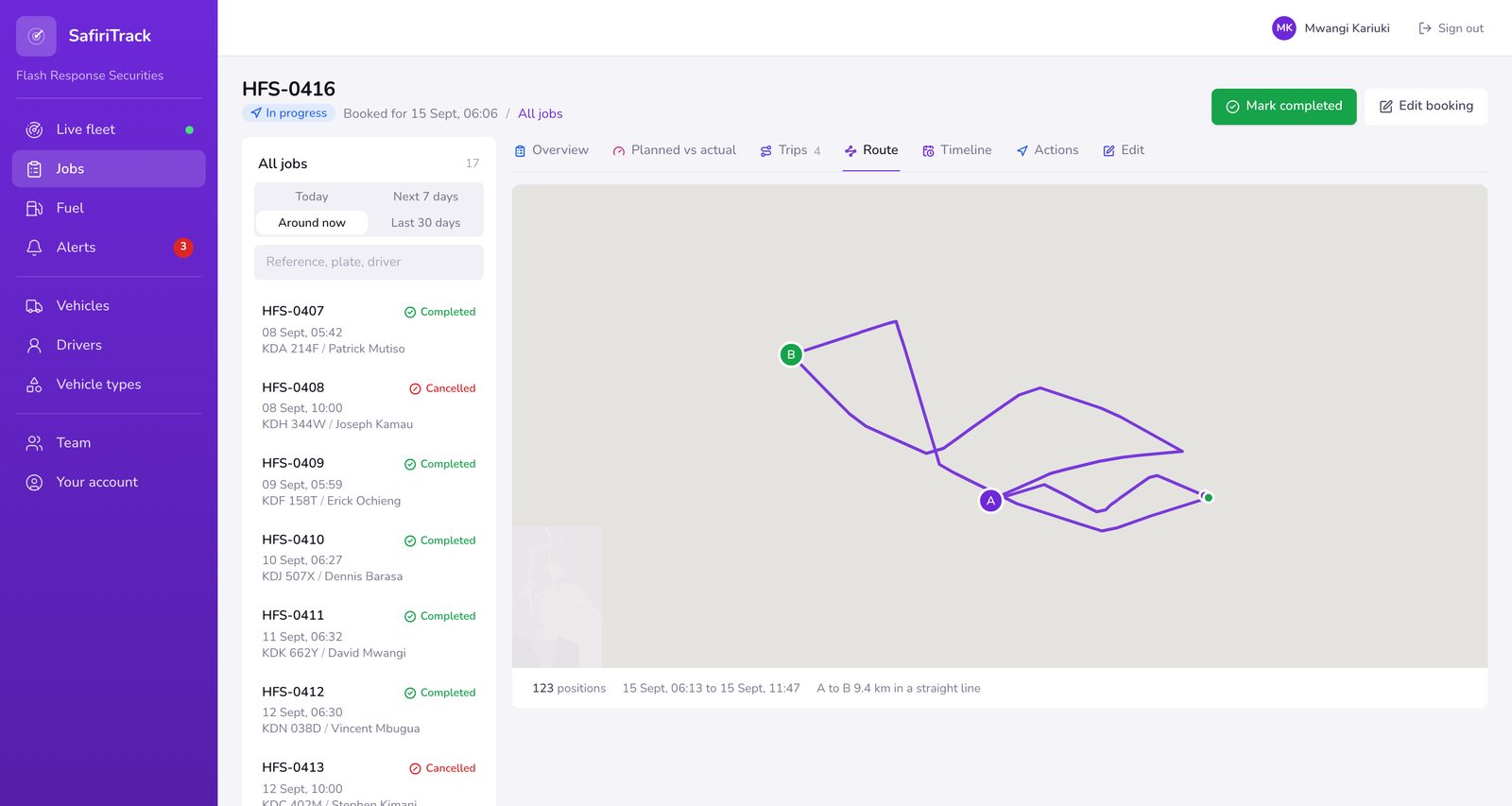 SafiriTrack recorded route